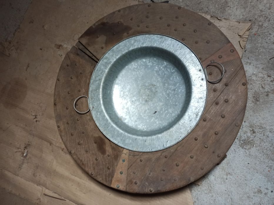 Metal brazier with wooden stand