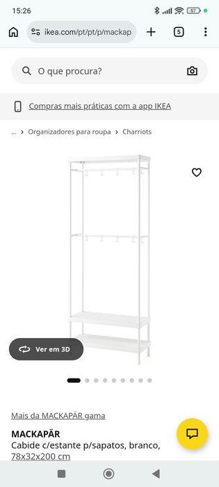 MACKAPAR IKEA 
Cabide c/estante p/sapatos, branco, 78x32x200 cm
79,99€
Preço 79,99€