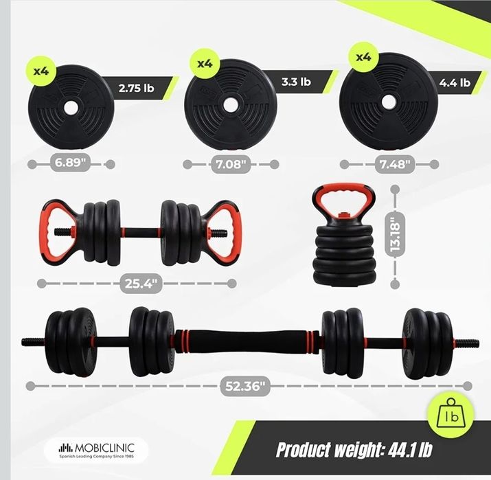 Halteres Ajustáveis 20 Kg, 4 em 1, Jogo de Pesos, Halteres, Kettlebells e Suporte para Flexões, Barra de Conexão, Aderência Antiderrapante