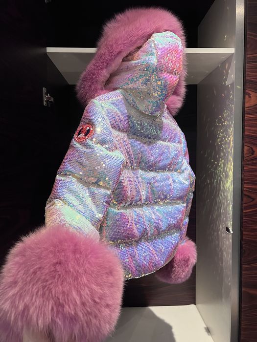 Piękna kurtka jak flo clo 100 % puch naturalny zimowa cekiny lis