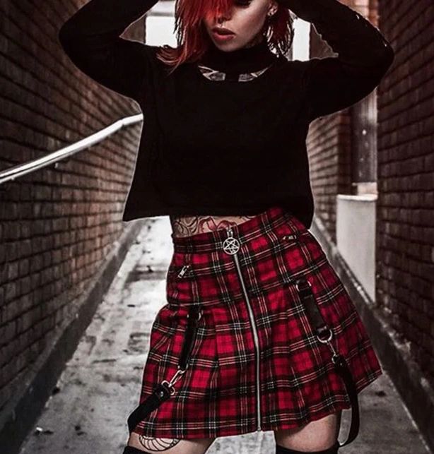 Spódnica w Kratkę z Elementami Gotyckimi Wysoki Stan GOTH - M