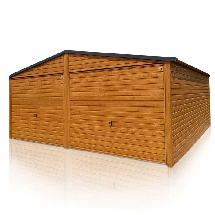 Garaż blaszany dwustanowiskowy 6×5m dach dwuspadowy, złoty dąb PREMIUM