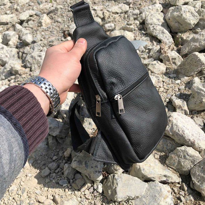 Сумка з натуральної шкіри, слінг чоловічий чорний, барсетка, месенджер