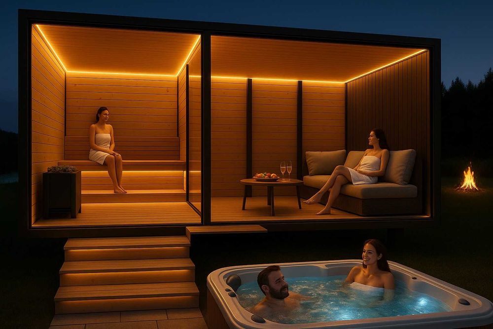 Mobilna sauna z jacuzzi piecem schodki balia basen transport