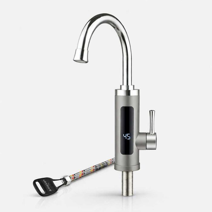 Проточный водонагреватель Wezer3.3 кВт нерж. сталь, дисплей, шланг60см