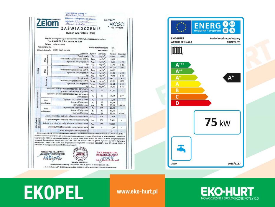 Kocioł EKOPEL na pellet 75 kW z certyfikatem ECODESIGN - 5 klasa ZUM
