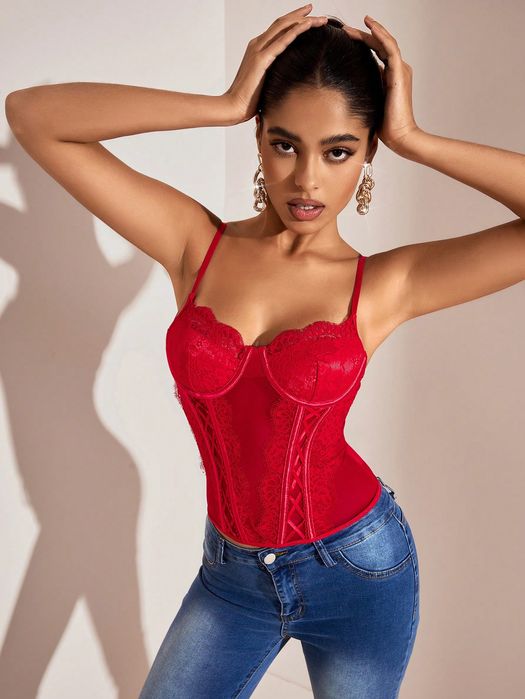 Top Gorsetowy Koronkowy Z Fiszbinami Na Ramiączkach Czerwony Shein