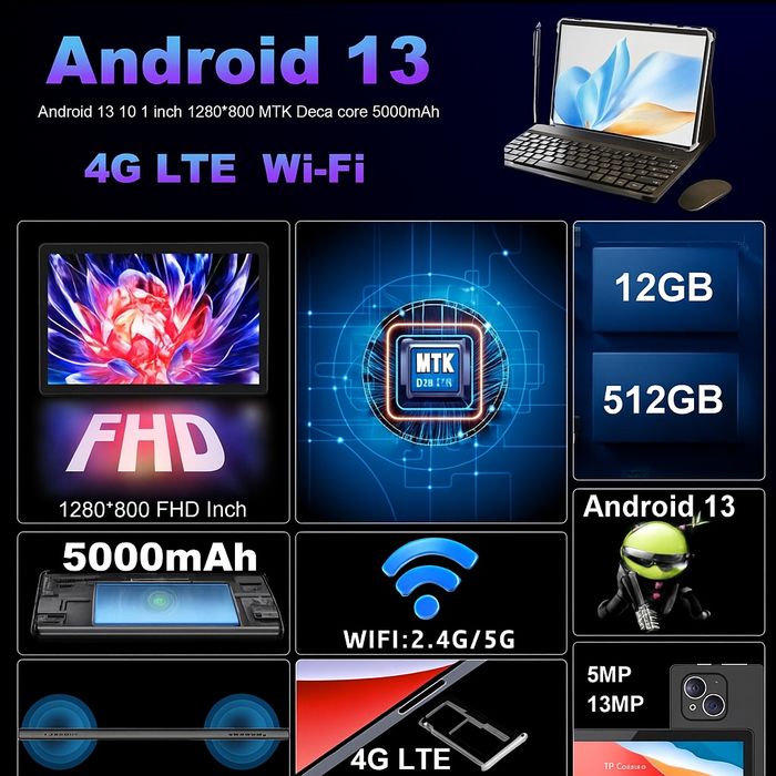 12/512 Gb, планшет, с комплектом, новый, 10.1,sim,Android 13