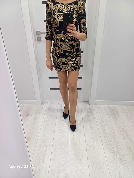 Sukienka cekinowa czarno-zlota. Rozmiar S. Bal/Andrzejki/Sylwester