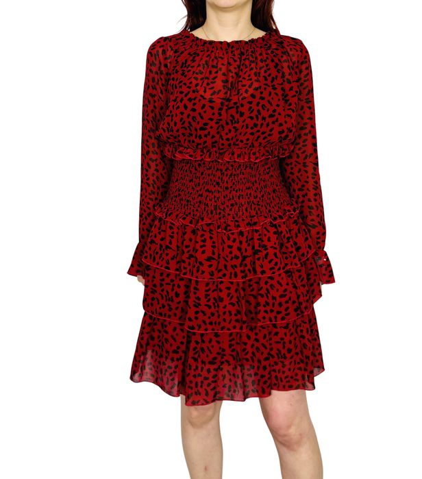 Czerwona sukienka w panterkę z falbanami M 38