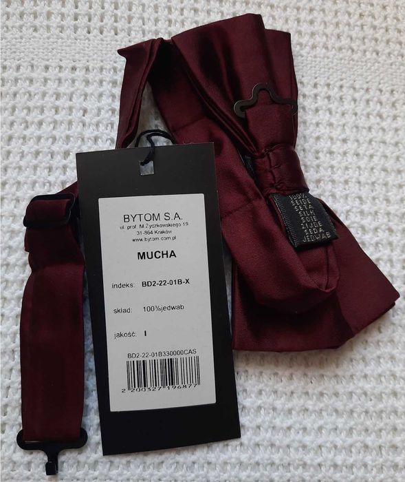 Bytom 100% Jedwab bordowa nowa mucha muszka jedwabna do koszuli