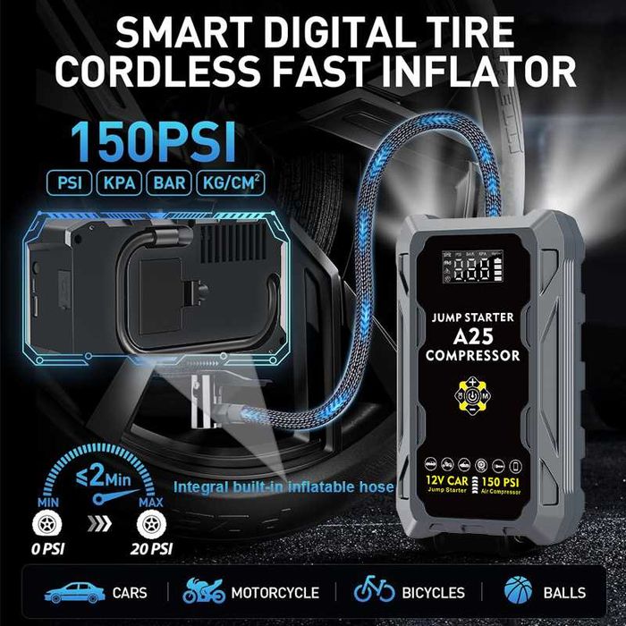 Пуско зарядный Бустер с Компрессором Starter A25 4в1 3000А, 37000mWh