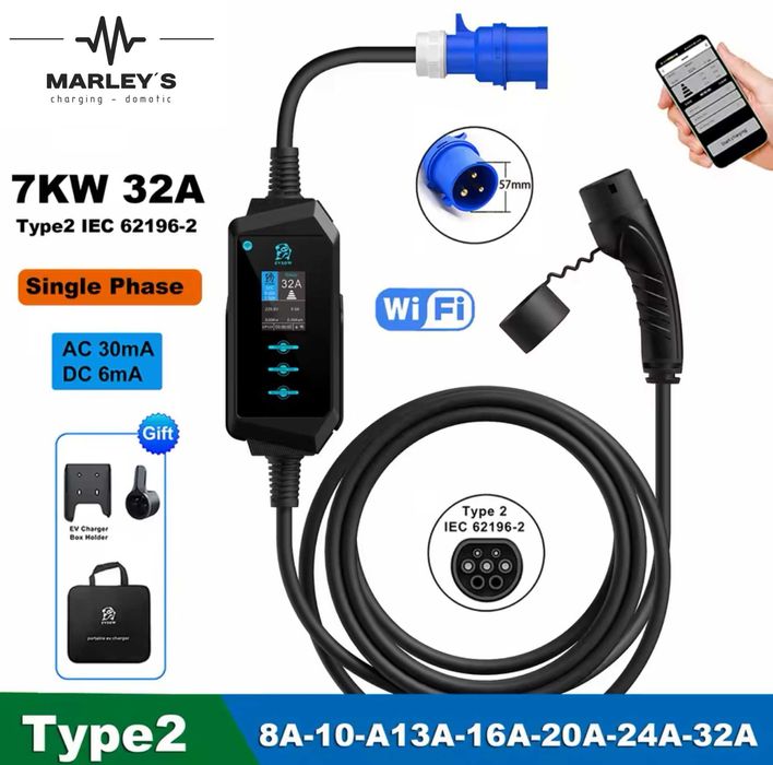 Carregador Portátil 7 kw - 32A - C/APP - Sup. Parede - Saco Transporte