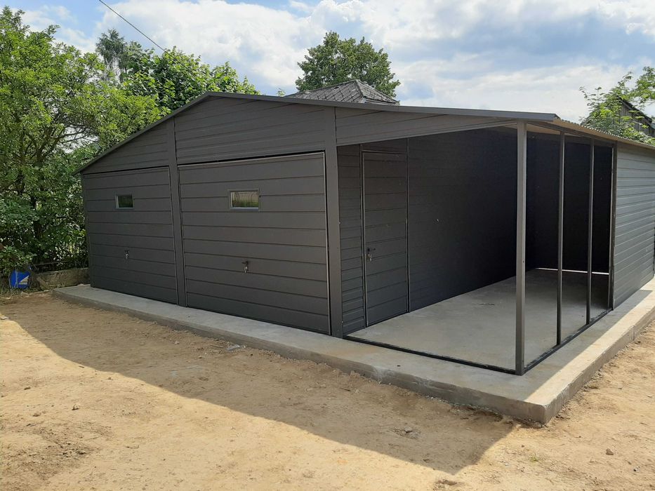 Garaż z wiatą blaszany 6x6+2 wiata. Podwójny - antracyt. PROFIL ZAMKNI