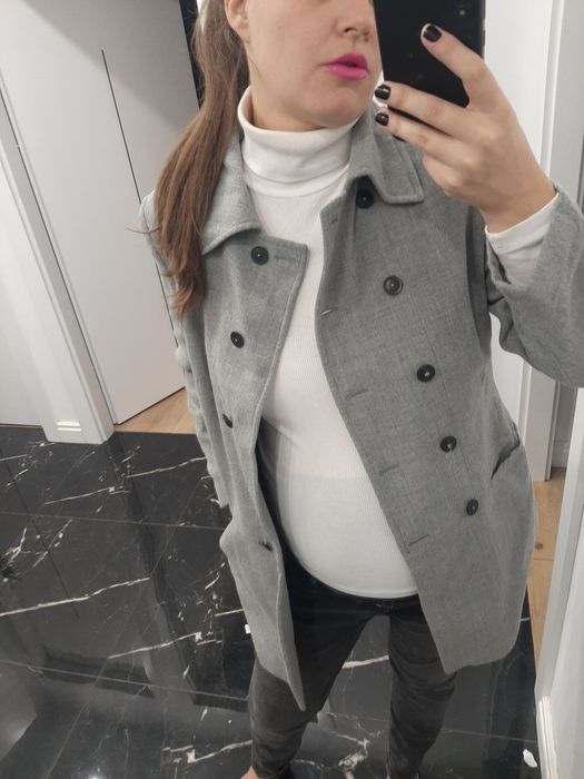 Marynarka płaszcz dwurzędowy wełna wool vintage grey modny elegancki l