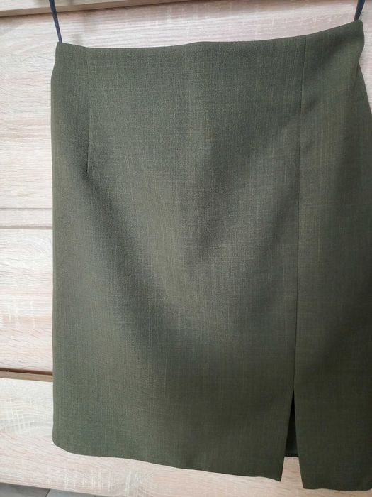 Garnitur damski żakiet+spodnie+spódnica używany oliwkowy, 36 (S)