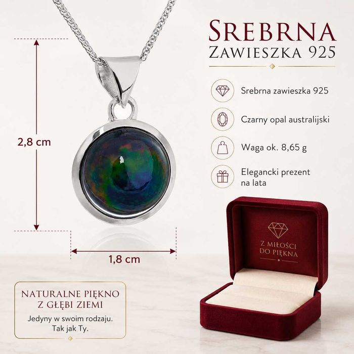 Piękna zawieszka srebrna z czarnym opalem z zielono - pomarańczową opalizacją CUDO