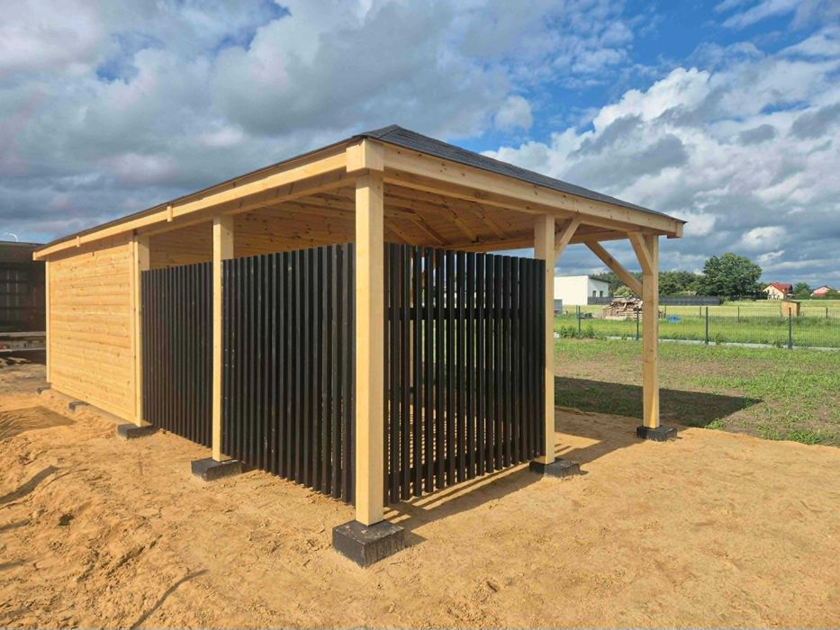 Domek narzędziowy z altaną • • • • BLANCA • • • • 8x4 m czarne lamele DREWNOTRIK