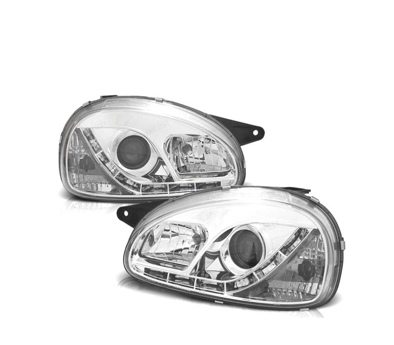 FARÓIS COM LUZ DIURNA LED OPEL CORSA B 93-00 FUNDO CROMADO