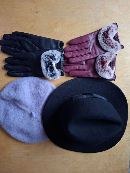 Перчатки жіночі, зимові, хутро чорні, бардові, шляпа, бірет сереневый