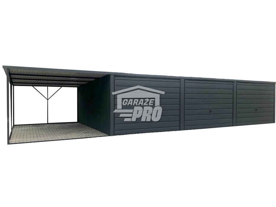 Garaż blaszany 9x6 + wiata3x6 3x Brama uchylna  antracyt  GP162