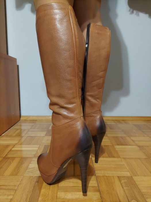 Kozaki nessi skórzane rude obcas