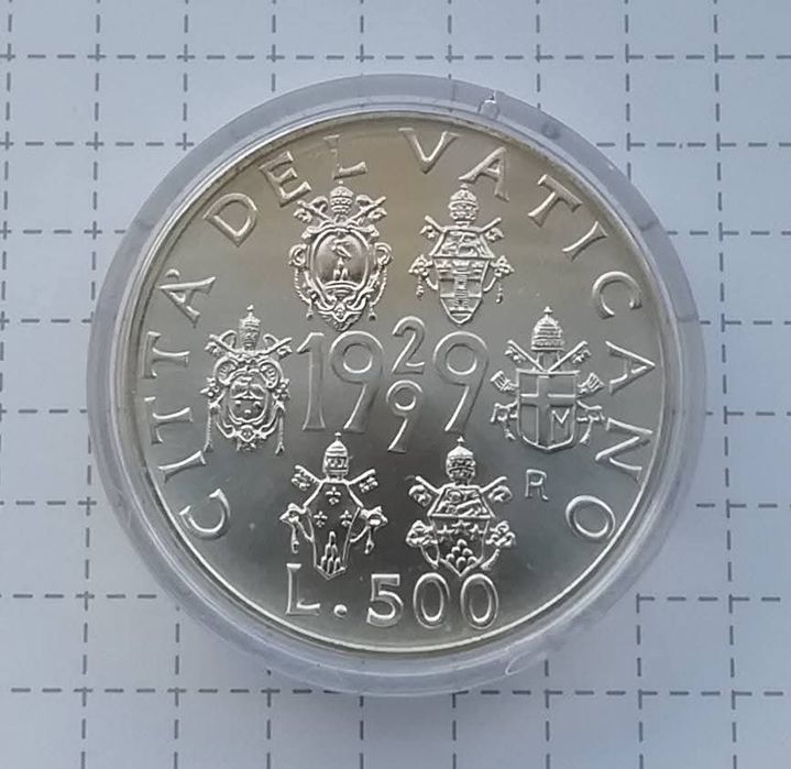 Ватикан 500 лір 1999р. СРІБЛО . 70 років - Незалежність Ватікана. Сертифікат.