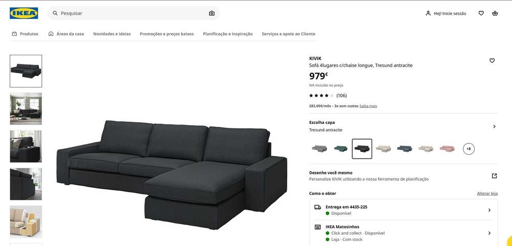 Sofá IKEA Kivik 4 lugares | Cinza