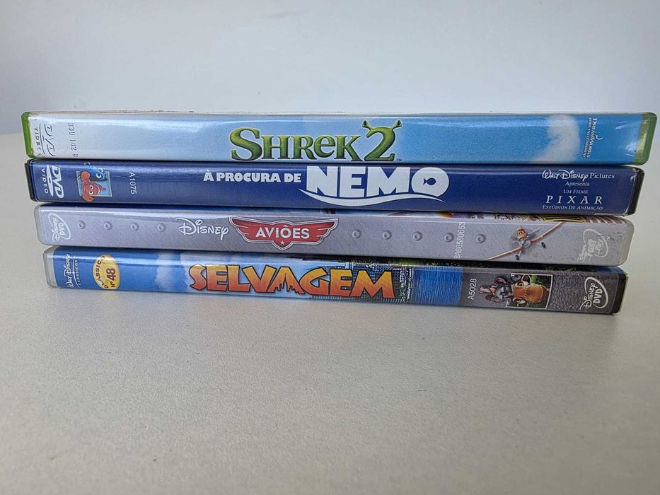 Lote 4 DVDs Disney e DreamWorks – Shrek 2, Nemo, Aviões, Selvagem
