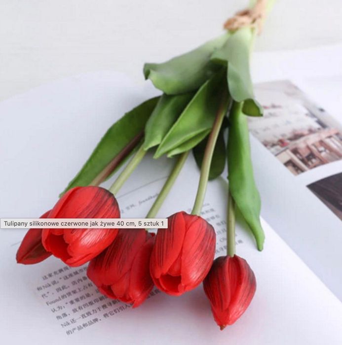 Tulipany silikonowe czerwone jak żywe 40 cm, 5 sztuk