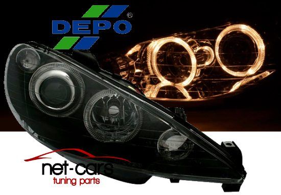 Reflektory lampy przednie przód PEUGEOT 206 Angel Eyes 98-06 czarne