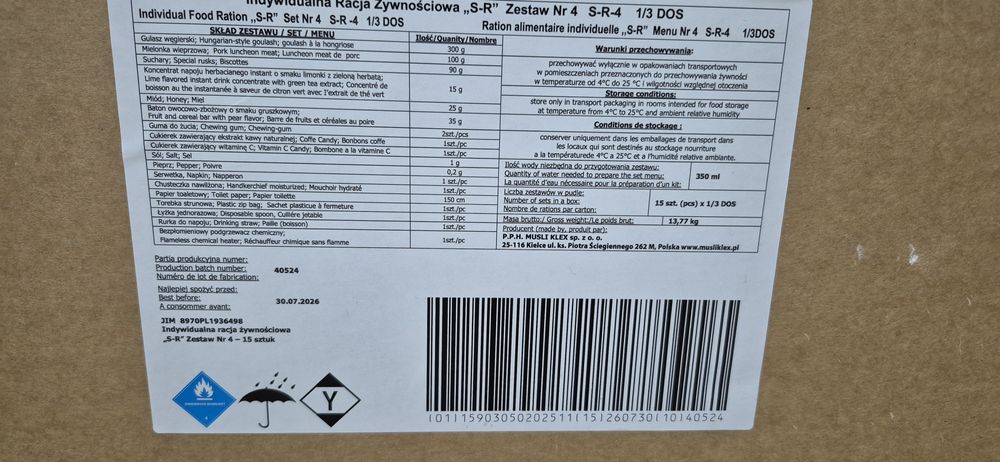 15 szt. S-R-4 Racja Żywnościowa