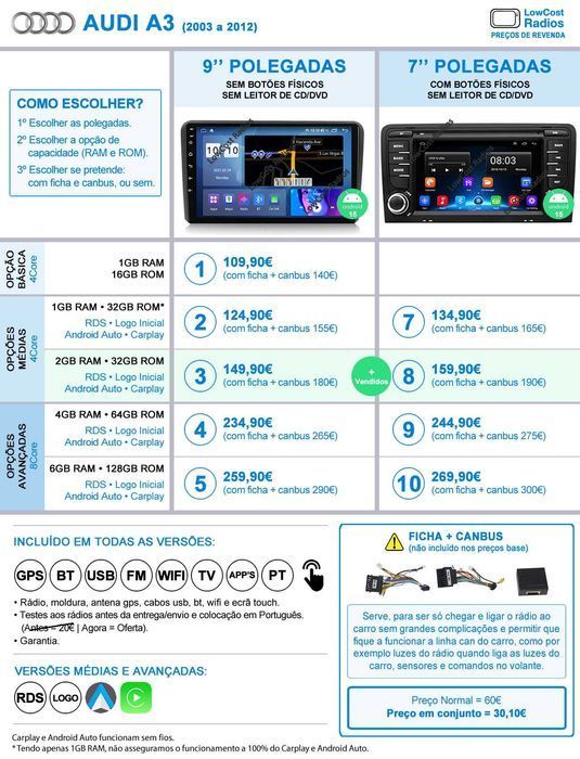 Auto Rádio GPS 9 Poleg. AUDI A3 e A4 | ANDROID Bluetooth USB APPS WIFI