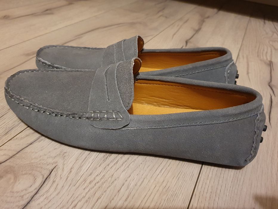 Zamszowe, męskie, szare mokasyny, rozmiar 43
