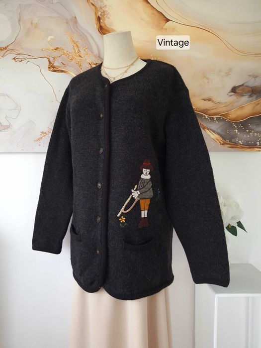 Damski Męski Sweter Kardigan Vintage Szary Czarny Haftowany Wełniany