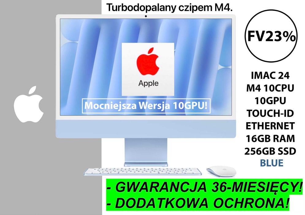 NOWY Apple iMac 24 M4 MOCNIEJSZY! 10CPU 16GB RAM 256GB Blue RATY-0%! FV23%! CARE+ GW-3LATA!