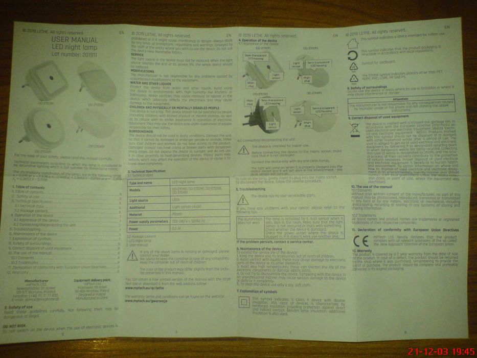 Lampka Nocna LED gniazdo lub bez czujnik światła dziennego/zmierzchu