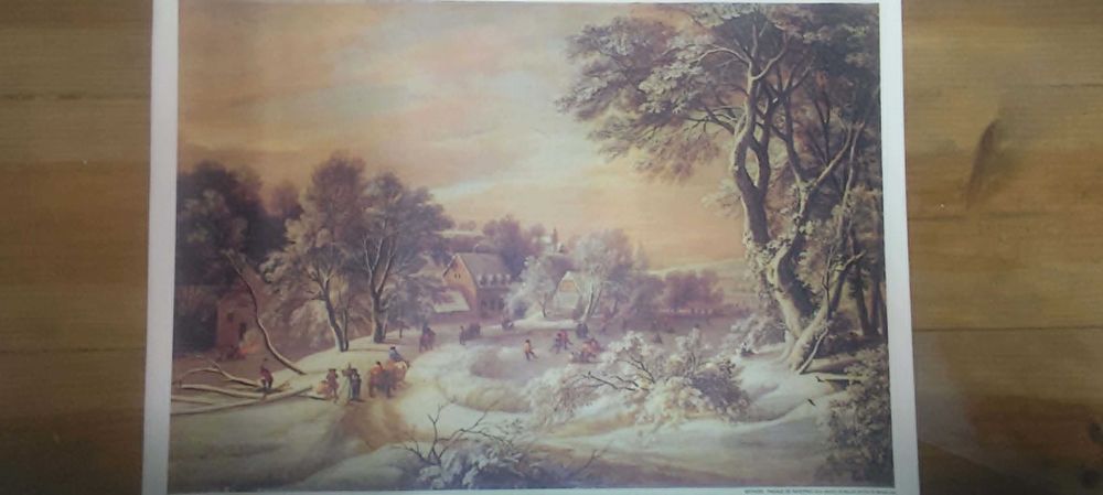 Reproduçao texturizada em tela (canvas)anos 70-50x40cm "Paysage d'hiver" (Paisagem de Inverno) do pintor flamengo Jacques d'Arthois.
