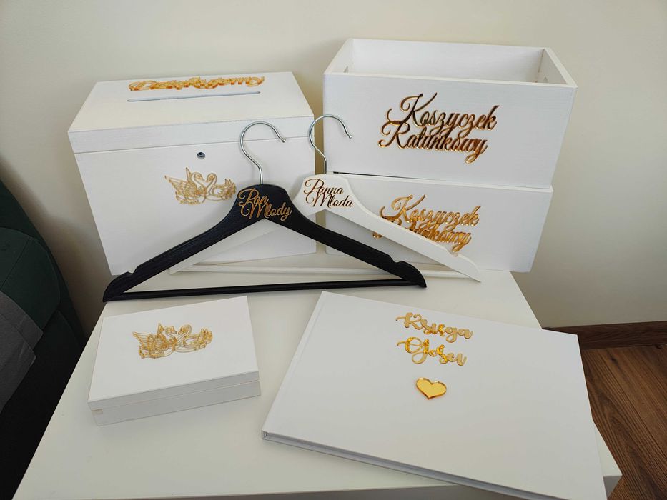 pudełko na obrączki skrzynka na koperty wieszaki koszyki ratunkowe księga ślub wesele nowe złote plexi