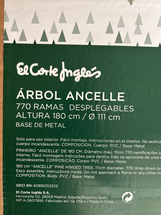 Árvore de Natal 180cm El Corte Inglés