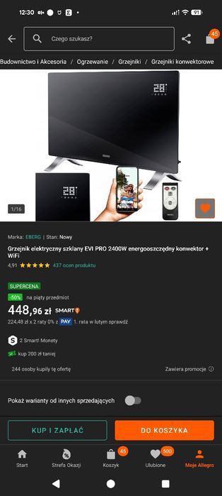 Grzejnik elektryczny szklany EVI PRO 2400W energooszczędny konwektor +