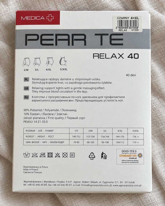 Nowe rajstopy Pearl Te Medica+ Relax 40 4/XL czarne uciskowe