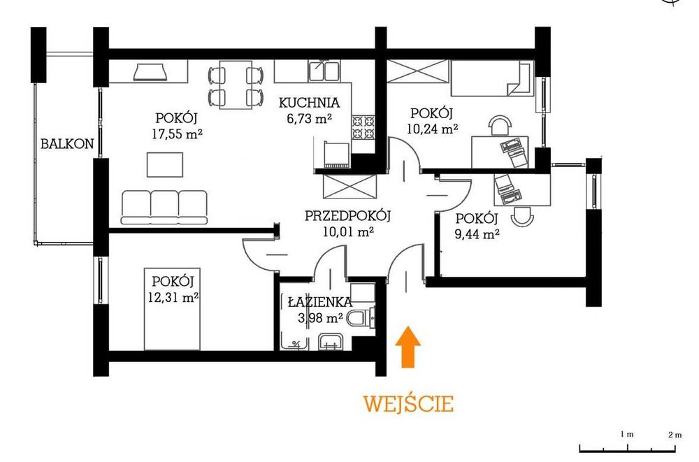 Mieszkanie 69m², 3 pok. + salon z aneksem kuch. na ul. Dunikowskiego
