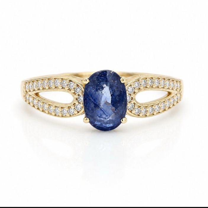 Anel de ouro 14k com 42 diamantes naturais e safira natural