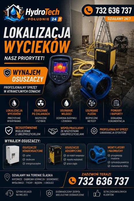 Lokalizacja wycieków w instalacjach wodnych, Osuszanie po zalaniach, Osuszanie podposadzkowe, Osuszanie strefy izolacji