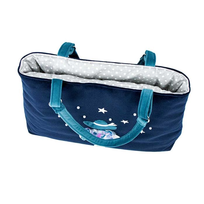 Duża torebka welurowa shopper granatowa z ozdobą hand made na co dzień
