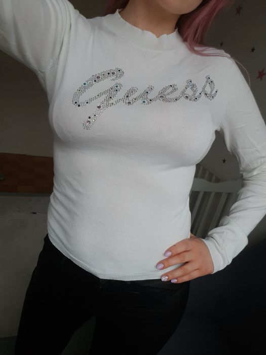 Sweter guess S kremowy biały z dżetami odkryte plecy dzianowy