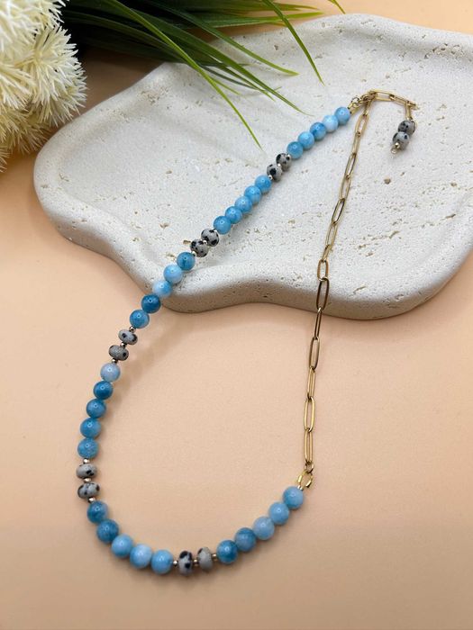 Naszyjnik handmade ~ larimar ~ jaspis dalmatyński ~ hematyt ~ stal