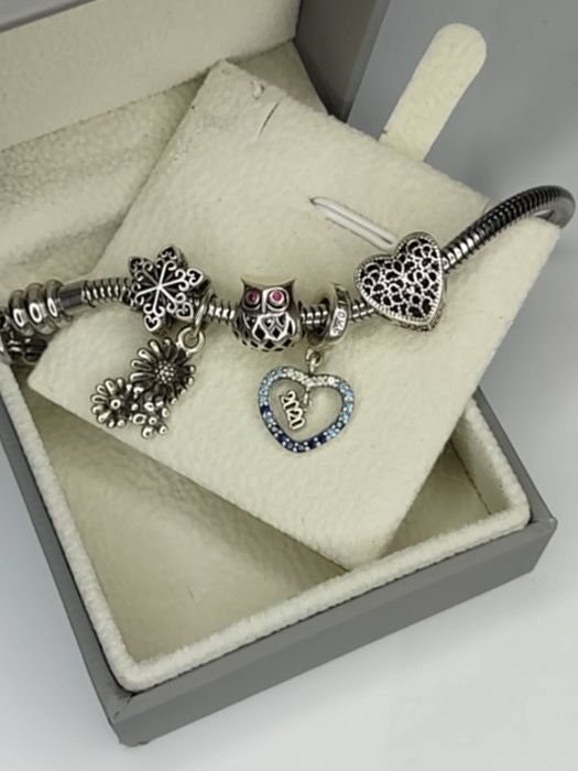 Bransoletka baza charms + 5 charmsów srebro 925