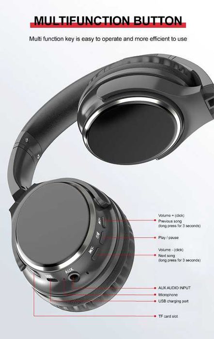Auscultadores wireless bluetooth com microfone, FM, cartão memória TF